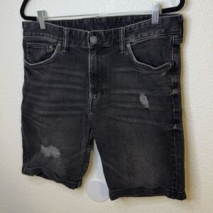 & Denim- Slim Fit Cuffed Button Fly Distressed Bermuda Shorts black- Size 34